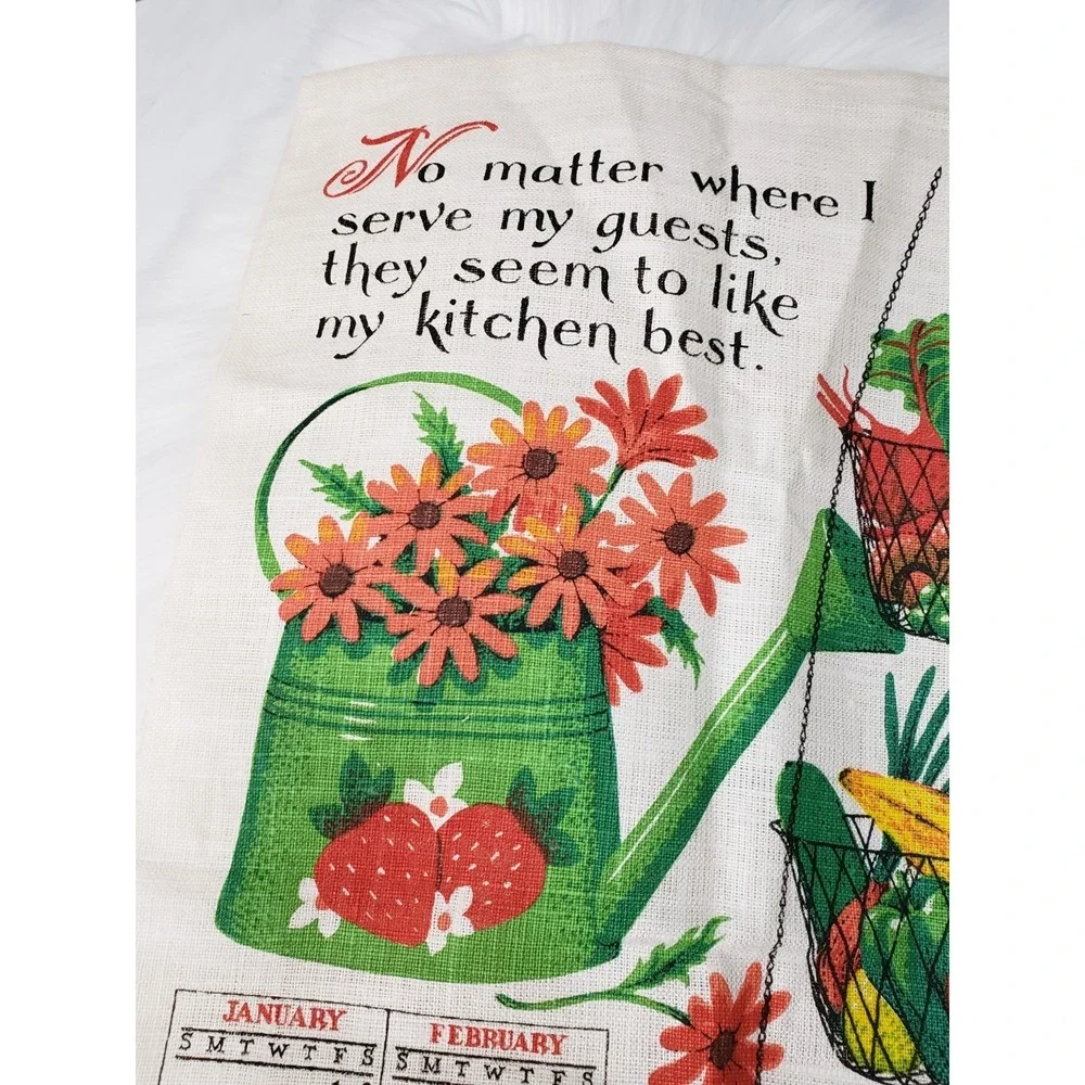 Vintage 1982 Linen Tea Towel Calendar Fruit Garden cottagecore Decor Kitchen 70s